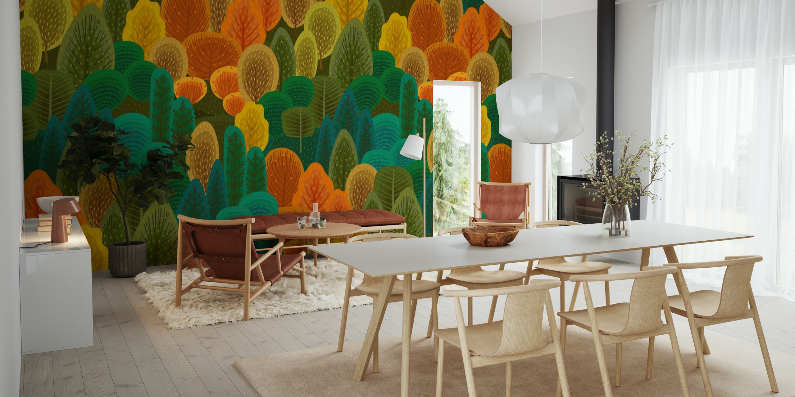 Abstract kleurrijk bosbehang met warme tinten oranje, geel en groen